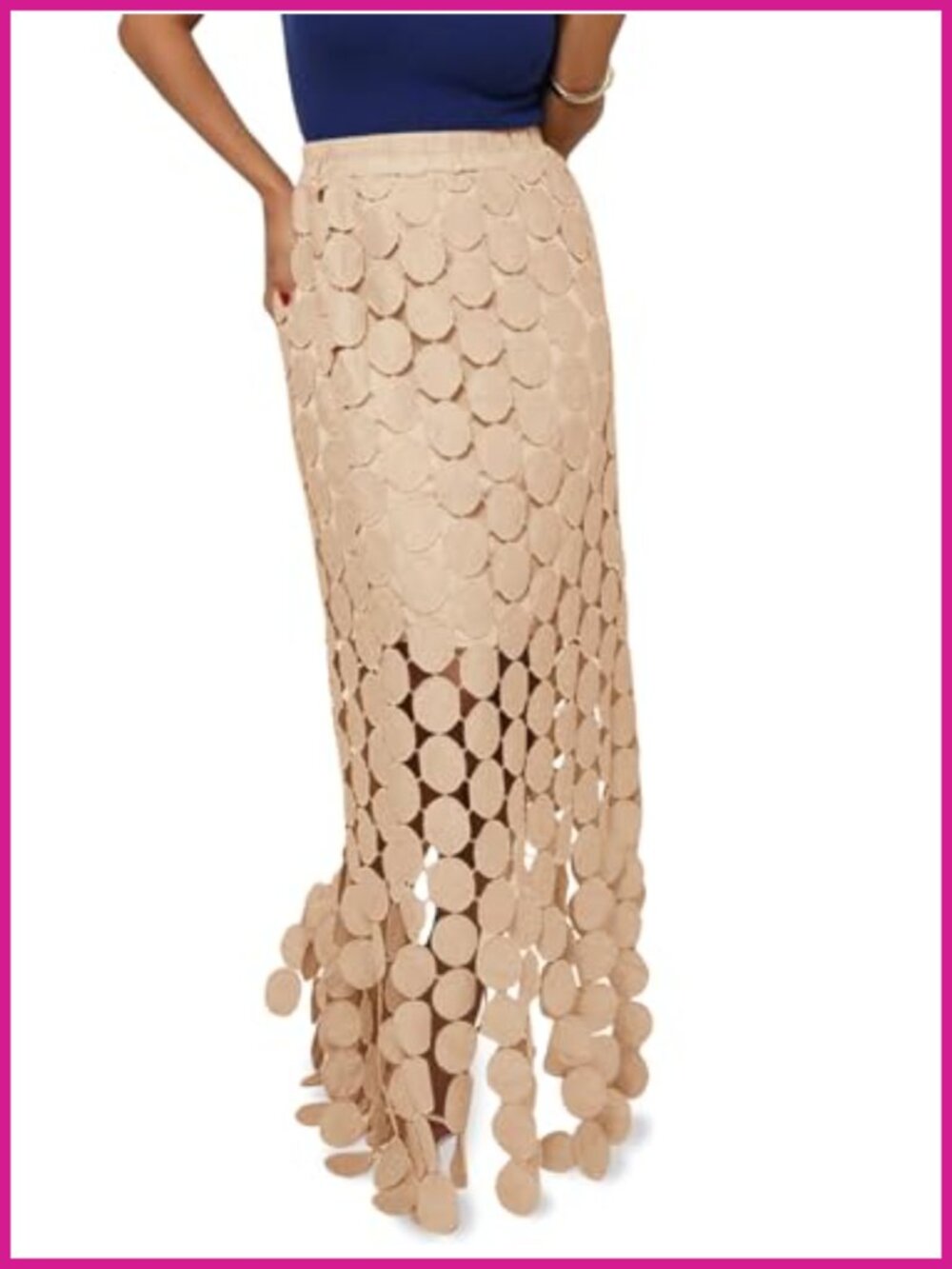 Women's Hollow Out Maxi Skirt Boho Fringe Hem Elastic Waist Summer Beach